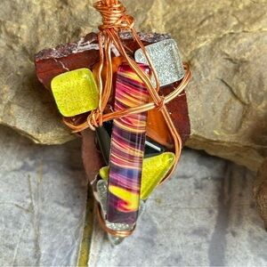Collage Pendant gemstones wire wrapped on necklace cord OOAK 
2204